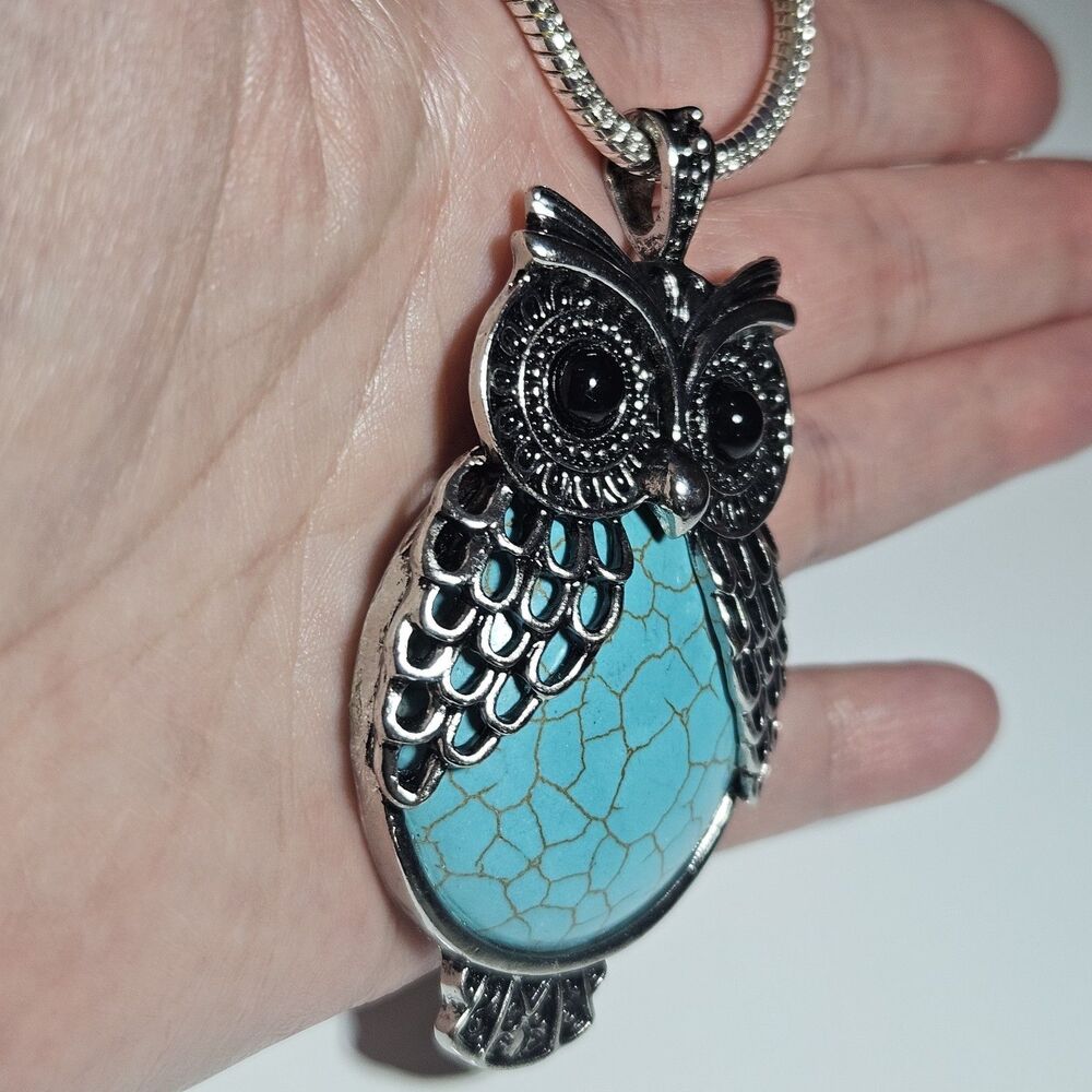 Silver Tone Large Blue Turquoise Owl Pendant Necklace 30" Chain - Picture 4 of 14